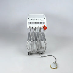 Front view of the mobile veterinary dental unit with an integrated oil-free compressor cabinet and locking wheels, designed for quiet operation