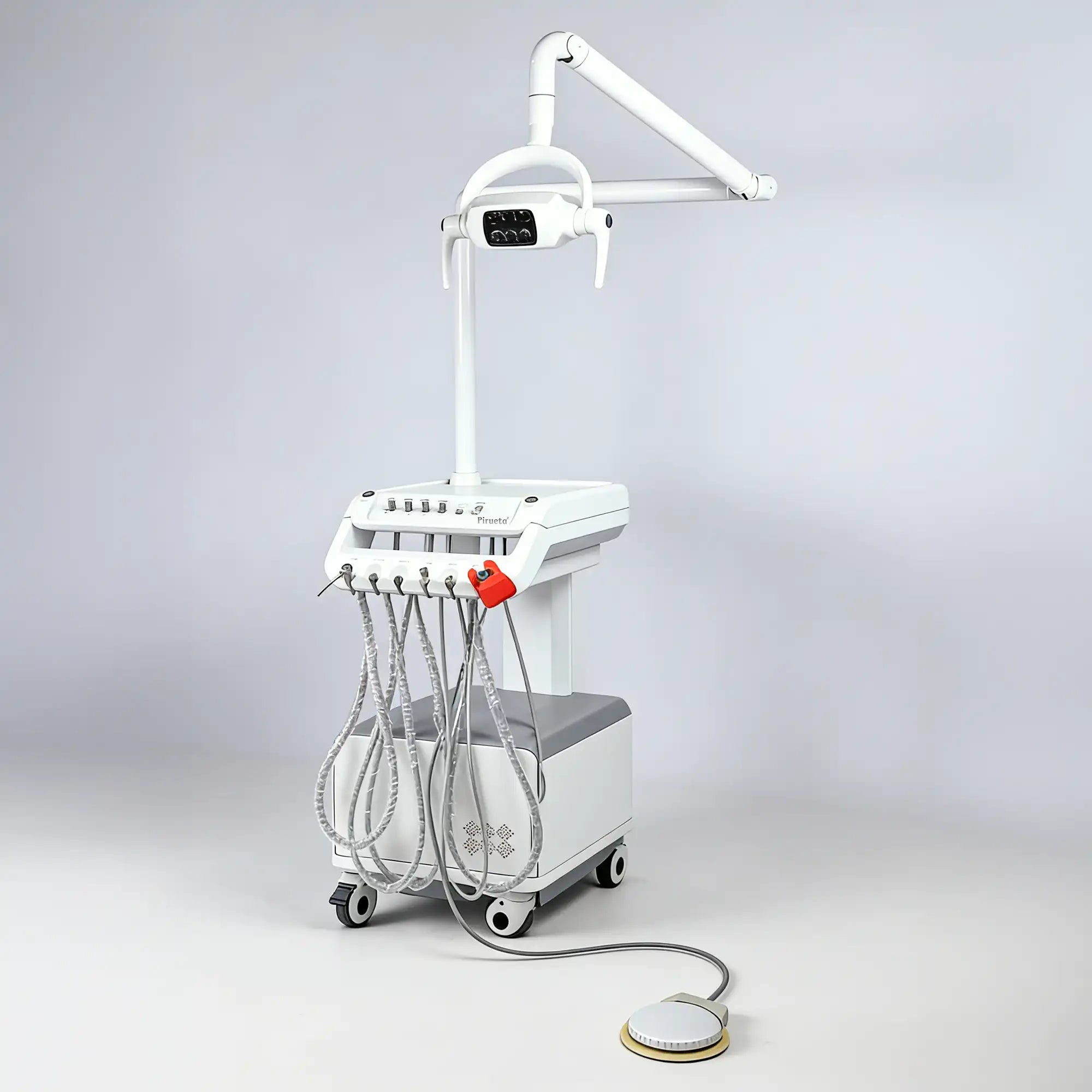 Front profile of the mobile animal dentistry unit, showcasing the sturdy base cabinet with an integrated oil-free compressor for ultra-quiet operation