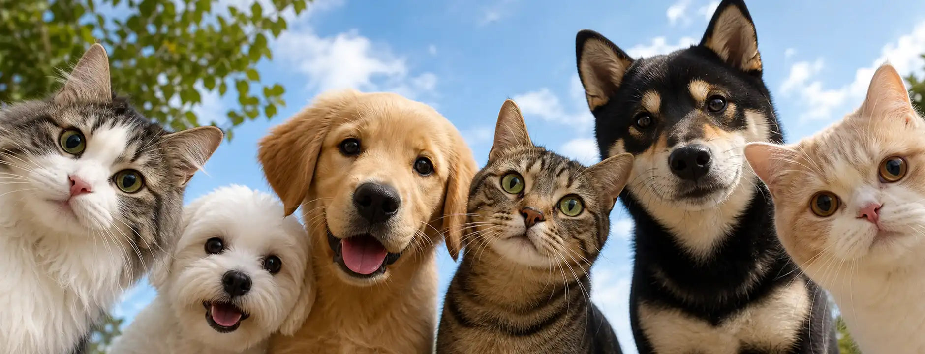 A diverse group of healthy dogs and cats looking down against a clear blue sky, representing PIRUETA's global mission to empower animal hospitals with reliable veterinary equipment