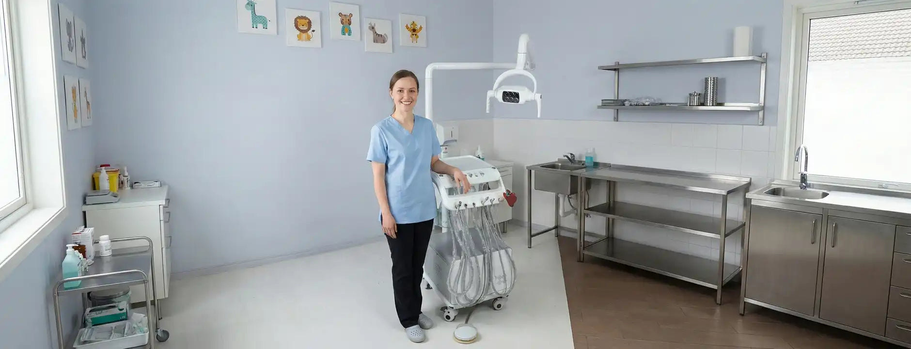 Professional female veterinarian standing next to a PIRUETA portable veterinary dental unit with LED light in a modern animal clinic.