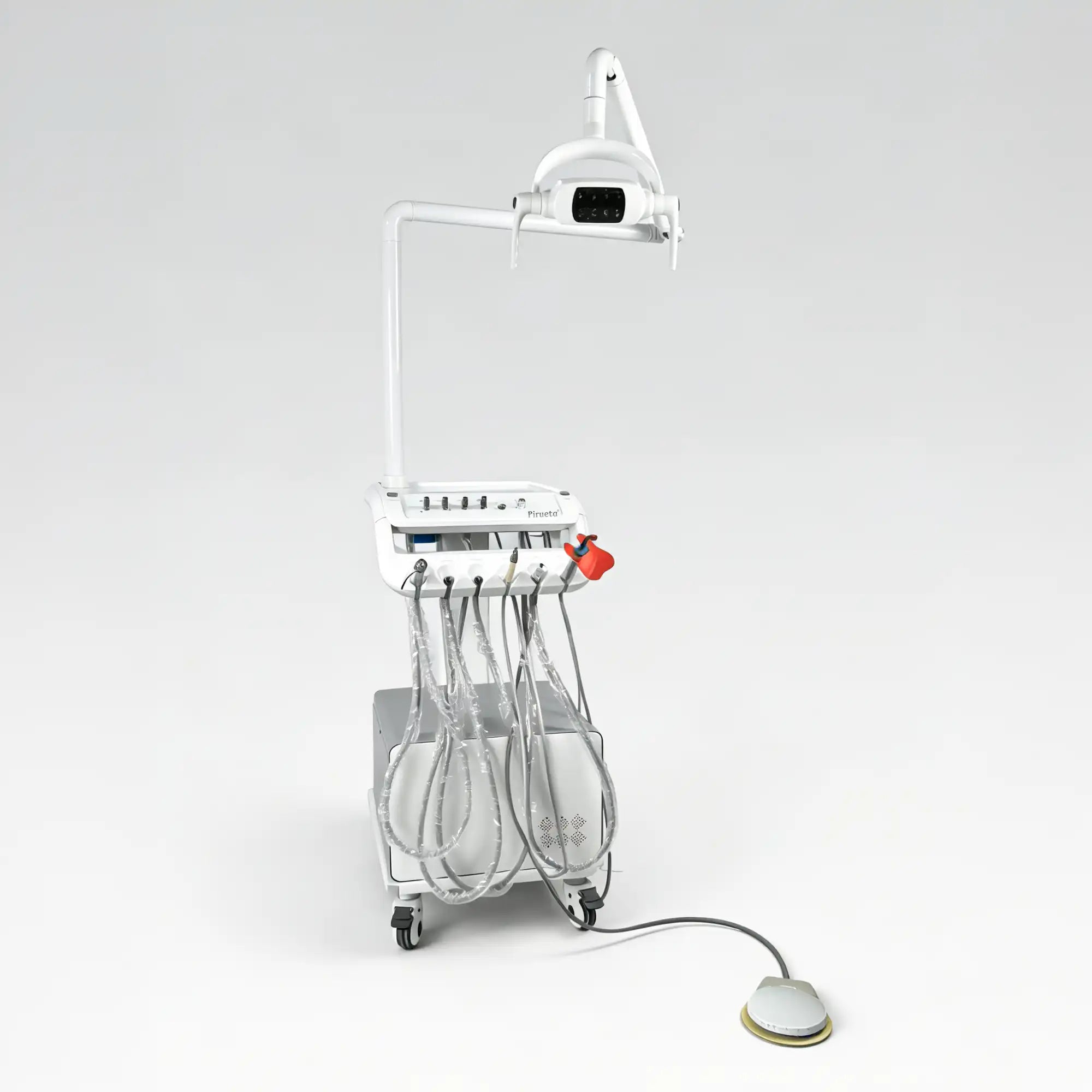 Angled view of the PIRUETA PT-668DL veterinary dental cart, featuring an adjustable overhead LED examination light and a hands-free foot pedal.