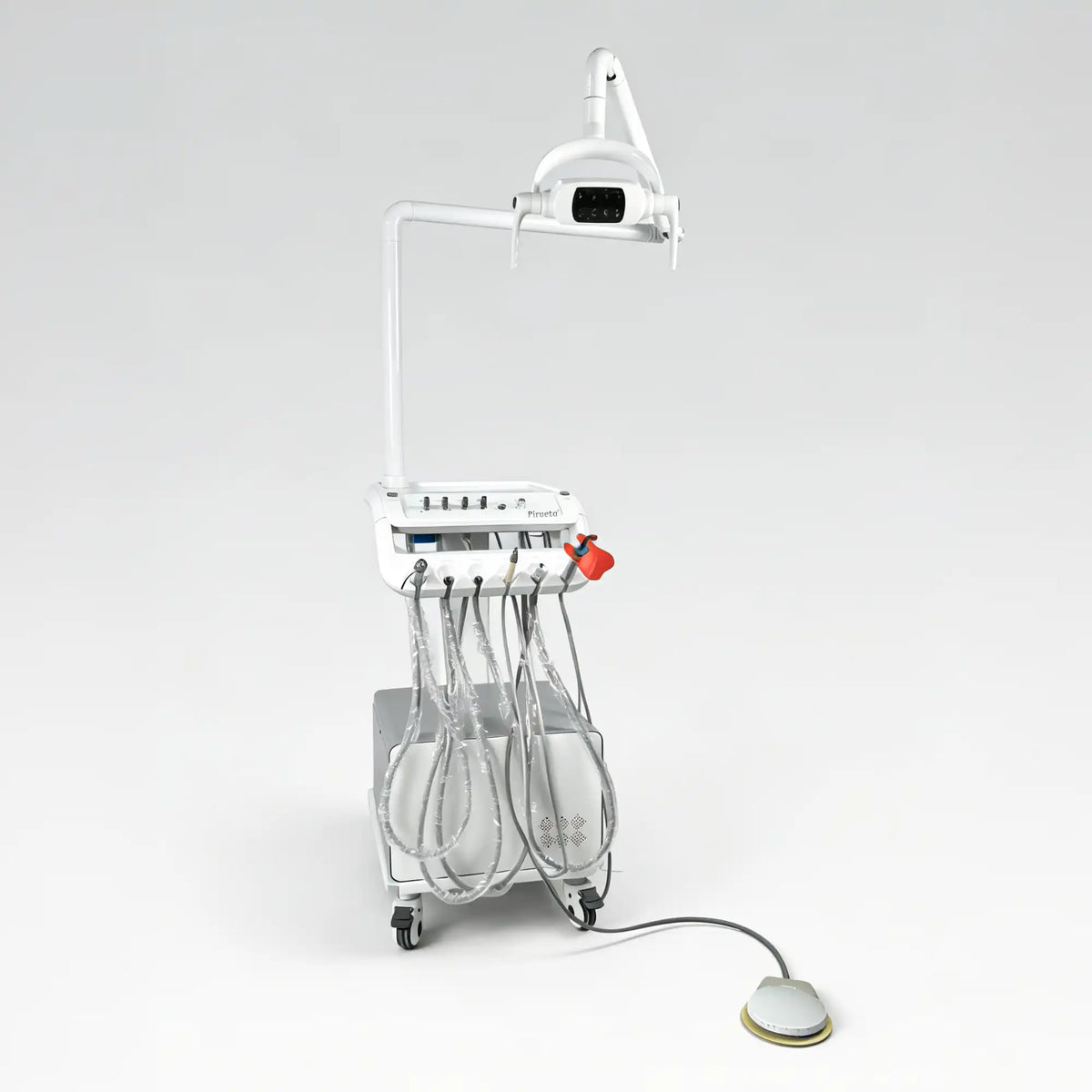 Angled view of the PIRUETA PT-668DL veterinary dental cart, featuring an adjustable overhead LED examination light and a hands-free foot pedal.