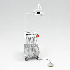 Angled view of the PIRUETA PT-668DL veterinary dental cart, featuring an adjustable overhead LED examination light and a hands-free foot pedal.