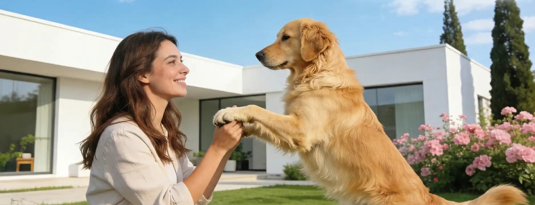 A smiling woman holding paws with a Golden Retriever outside a modern home, representing PIRUETA's dedication to advancing animal health through professional veterinary equipment.