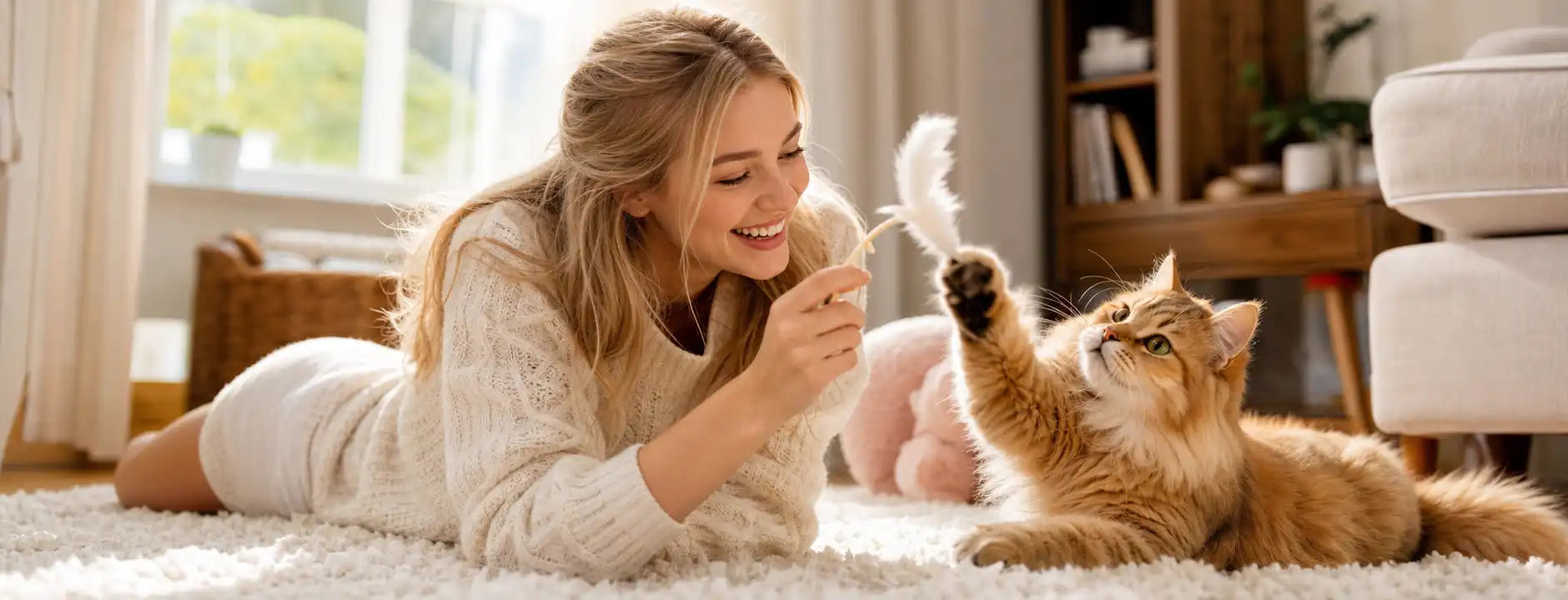 A smiling young woman playing with a fluffy cat on a living room rug, illustrating the ultimate goal of PIRUETA's professional veterinary dental units: happy pets and stress-free care