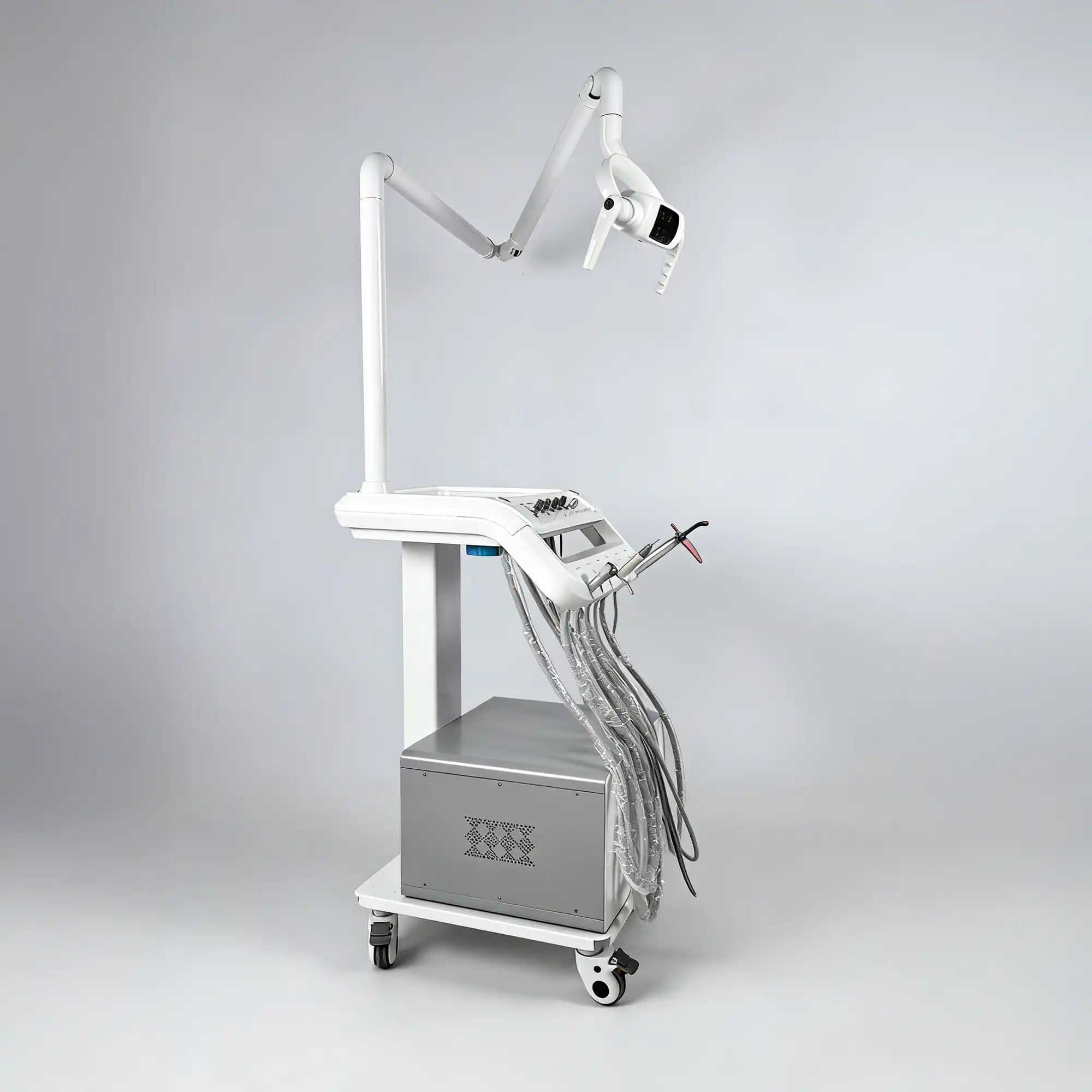 Side profile of the portable veterinary dental equipment, demonstrating the extended reach of the LED lighting arm for versatile operating room setups