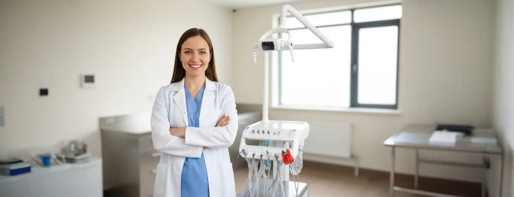 Smiling female veterinarian standing beside the PT-668DL portable veterinary dental workstation, featuring an ultra-quiet 550W compressor and 10L gas tank for mobile clinical use.