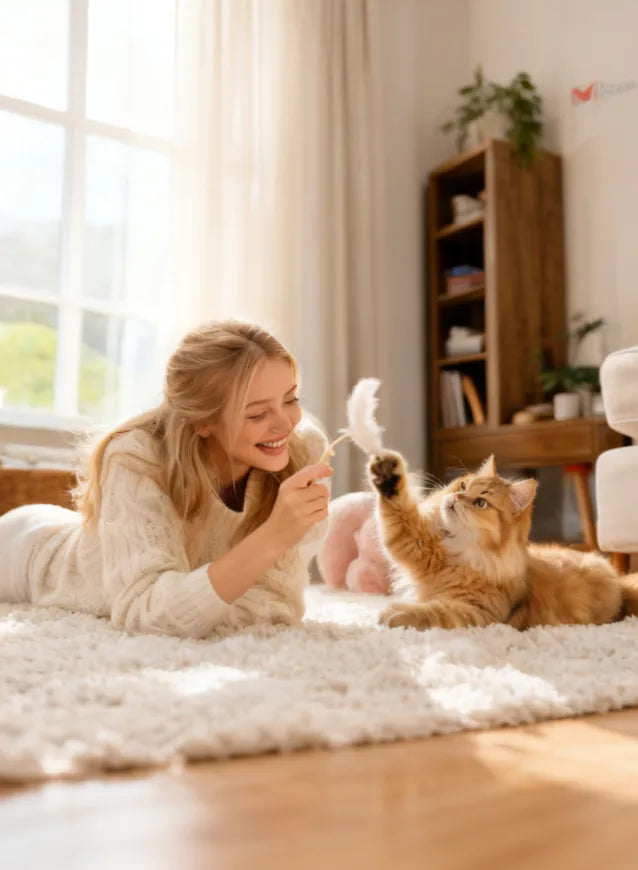 A happy pet owner interacting with her cat indoors, showcasing the core value of PIRUETA's B2B veterinary solutions in enhancing animal well-being and clinical outcomes