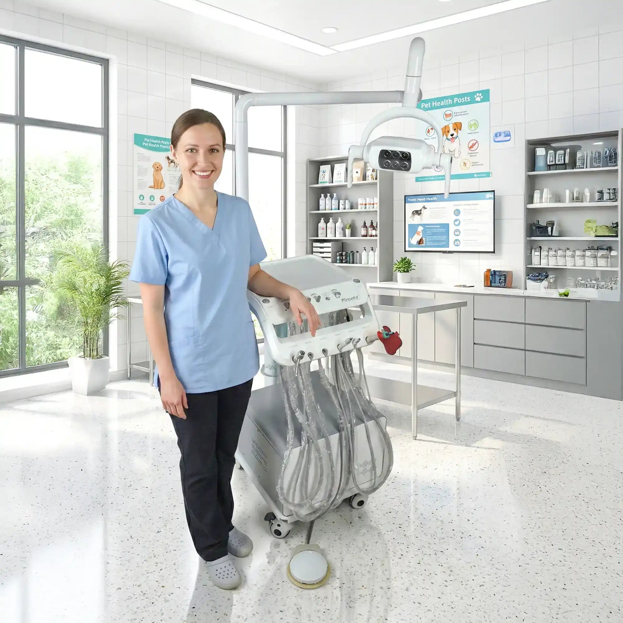 A female veterinarian standing confidently beside the PIRUETA PT-668DL veterinary dental unit in a modern animal hospital, highlighting its clinical integration