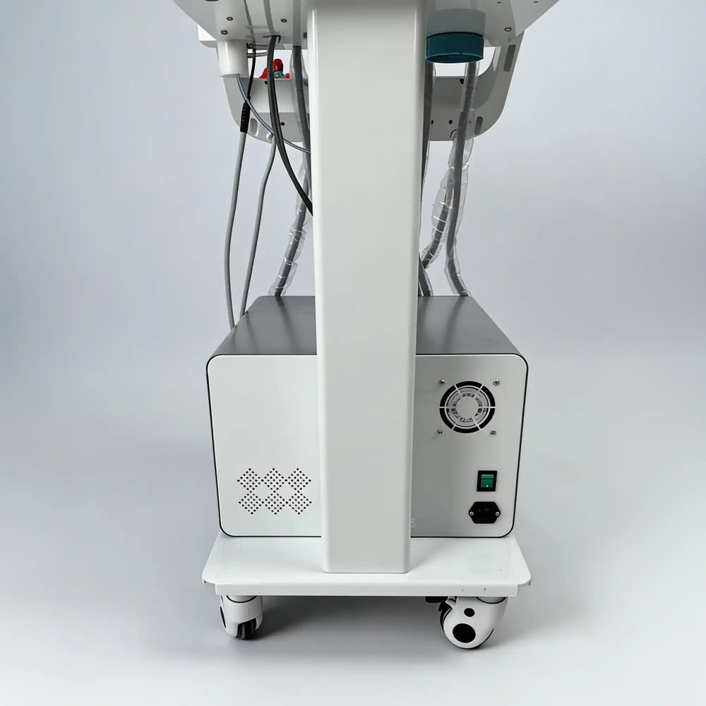 Rear view of the vet dental machine displaying the built-in cooling fan, main power switch, and dual water bottle system for clinical safety