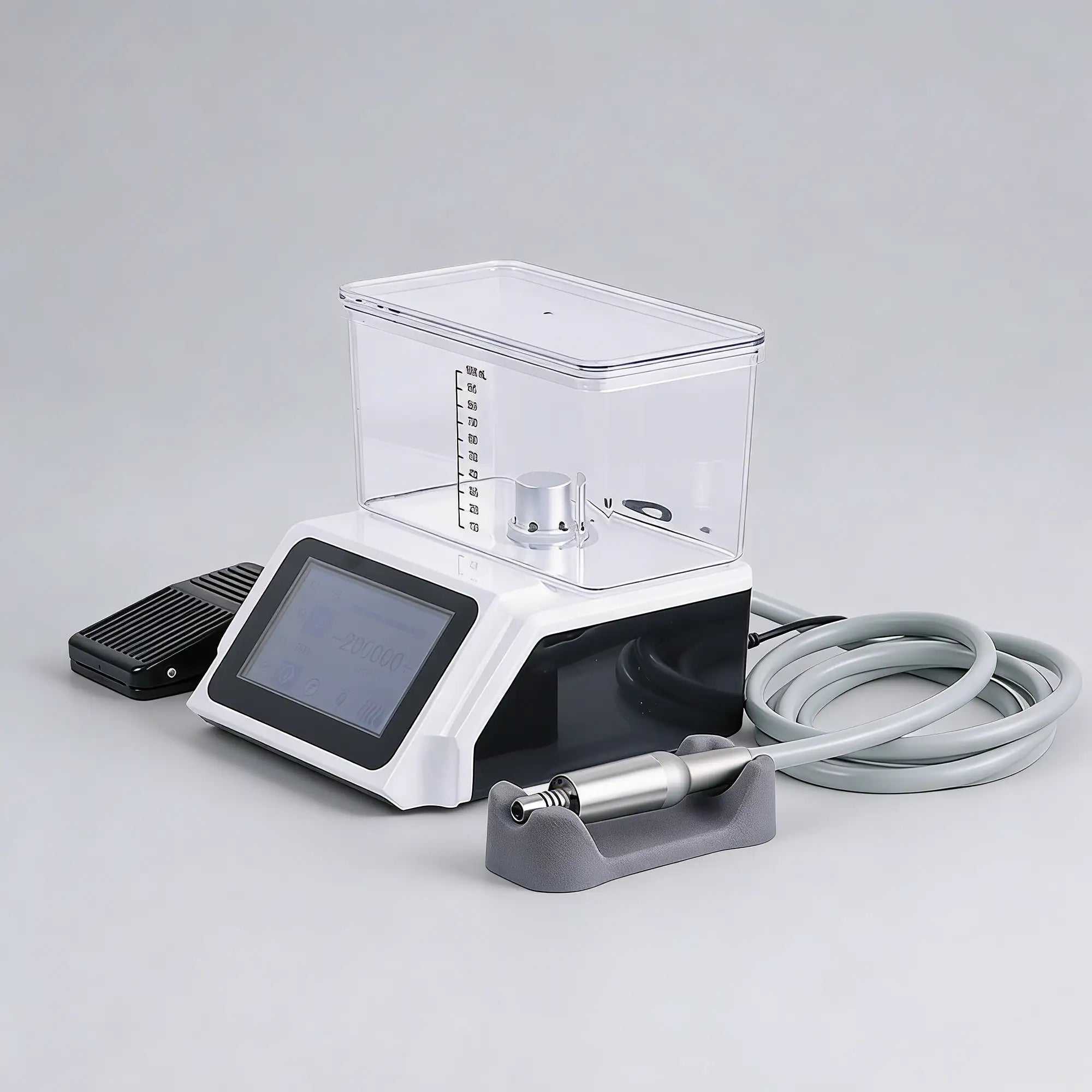 Close-up of the veterinary dental micromotor main unit showing the intuitive color touch screen and speed settings.