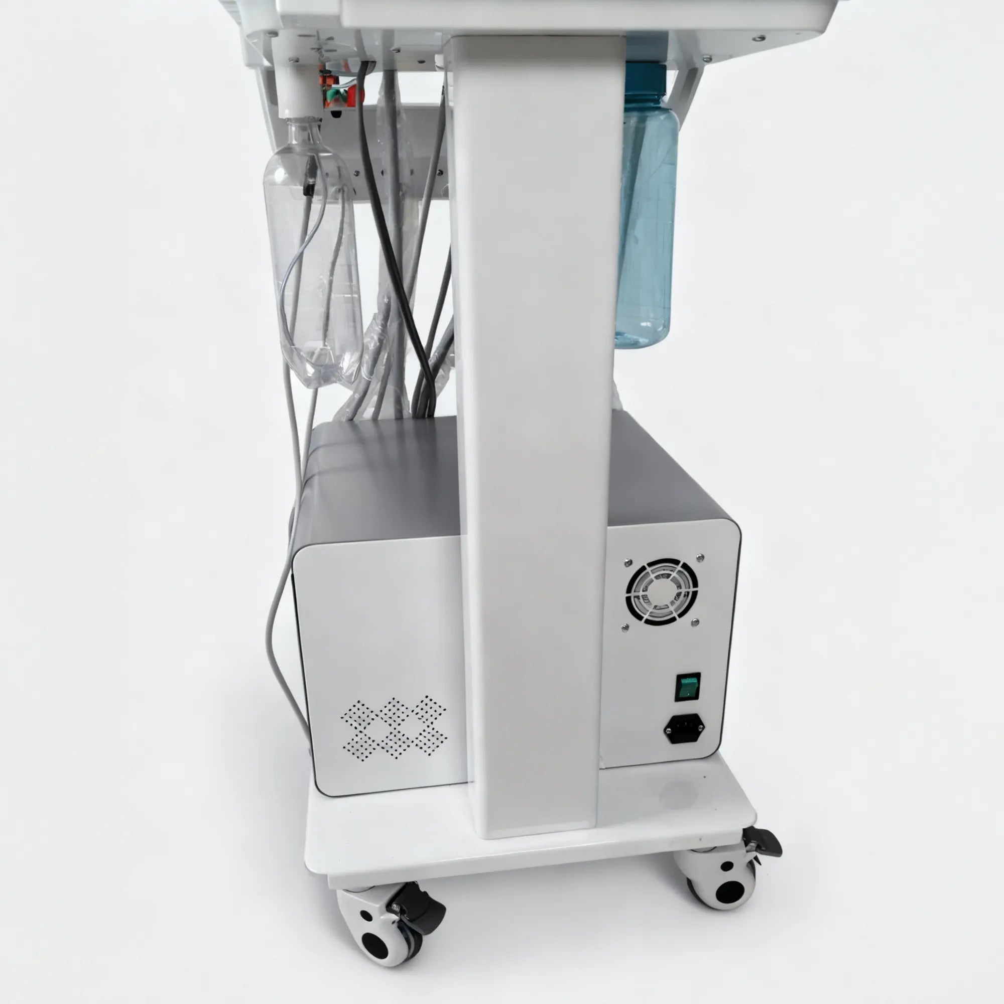 Rear view of the veterinary dental machine displaying the 1000ml pure water bottle, 2L sewage bottle, and the cooling fan of the 550W main cabinet