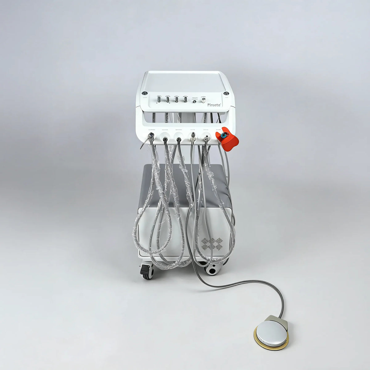 Front view of the mobile veterinary dental unit with an integrated oil-free compressor cabinet and locking wheels, designed for quiet operation