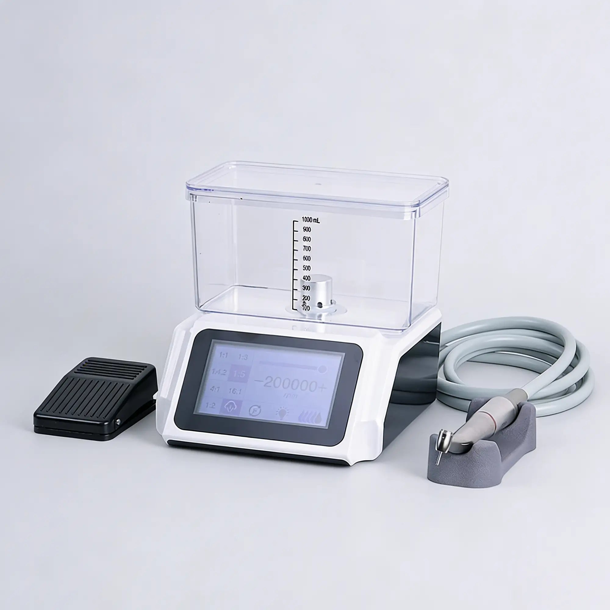 Veterinary dental surgery motor featuring a built-in transparent water supply tank for sterile operations.