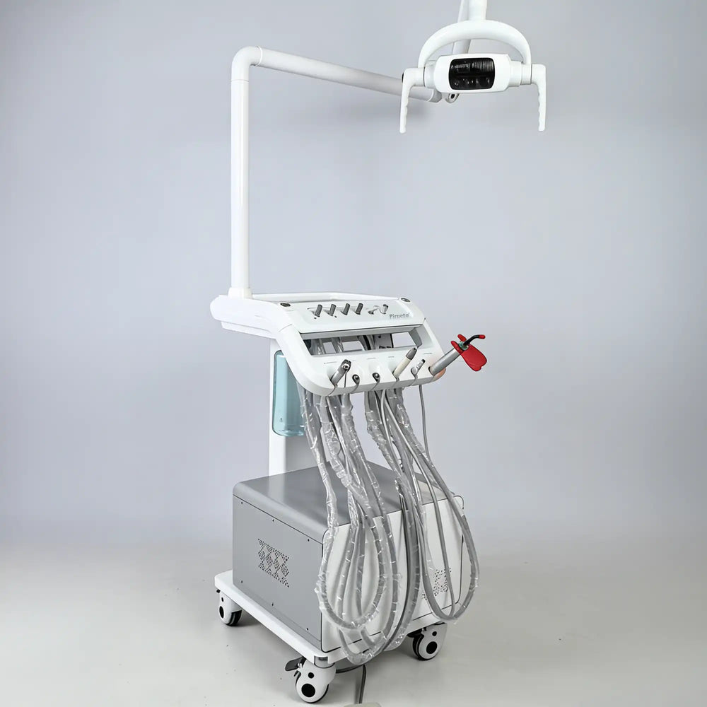 Veterinary dental treatment station highlighting the flexible articulating arm and LED lamp, designed for precise oral surgery illumination