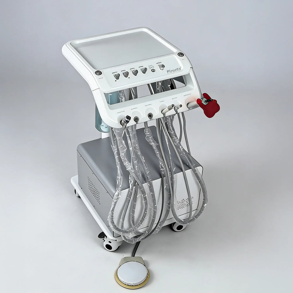 Top-down angled view of the mobile unit for veterinary dentistry, featuring a clean white finish, instrument tray, and a standard foot-pedal control