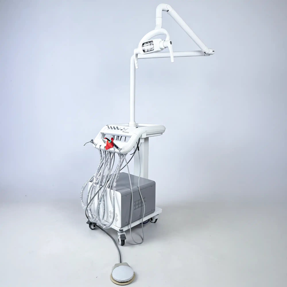 High-angle view of the complete veterinary dental cart system, including the main console, overhead LED lamp, and pneumatic foot control for wholesale distributors