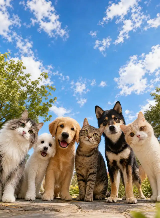 Close-up of happy pets including a Golden Retriever and cats, reflecting the commitment of PIRUETA as a trusted veterinary equipment supplier for the North and South American markets